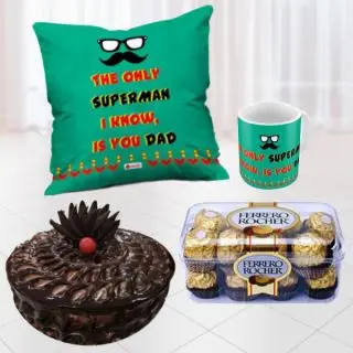 Set of photo mug with photo cushion, half kg chocolate fudge cake with 16 pcs rocher ferrero chocolates 