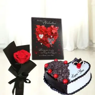 Single Red Rose with 1 kg premium quality heart shape black forest cake with valentine Greeting card 