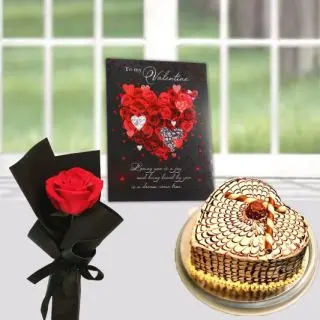 Single Red Rose with 1 kg heart shape butterscotch cake with valentine Greeting card 