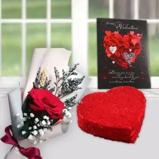 Single Red Rose with 1 kg heart shape red velvet cake with valentine day card 