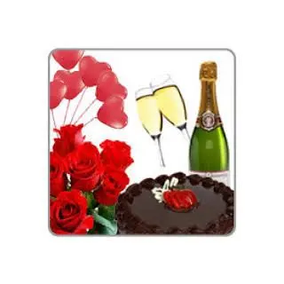 Bunch of 100 red roses bottle of champegne 1 kg chocolate cake 10 heart shape balloons