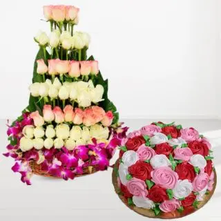 Step Arrangement of 50 pink and white roses with vanilla floral theme cake 