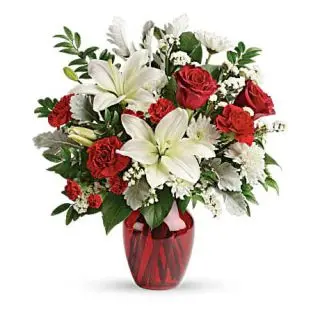Vase arrangement of Roses, lilies, gerberas, daisies in mix colour