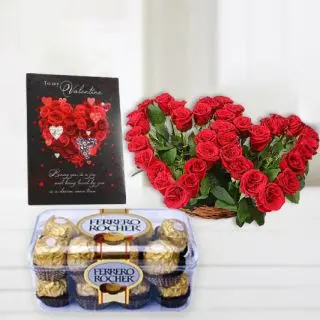 Twin heart shape arrangement of 30 red roses, 16 pcs rocher ferrero chocolates, valentine Greeting card