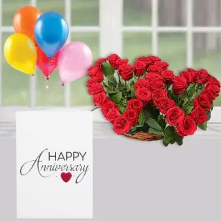 twin heart shape arrangement of 30 red roses , anniversary greeting card , with 5 blown balloons 