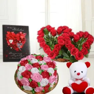 Twin Heart shape arrangement of red roses, half kg floral theme cake, 6 inch teddybear, valentine greeting card 