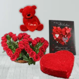 Twin Heart shape red roses arrangement of 30 red roses, 1 kg heart shape red velvet, 6 inch red teddybear, with valentine greeting card 