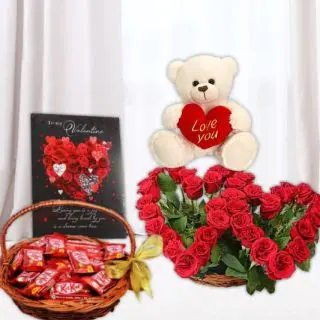twin heart shape red roses arrangement with valentine card with basket of kitkat chocolates , 6 inch teddybear