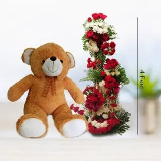 Beautiful Looking 4 feet height arrangement of red and white carnation and roses  with 3 feet height big teddy bear 