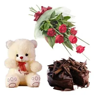 6 roses with 8 inch teddy & 1 pound chocolate fantasy