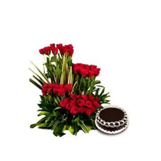 Exotic Basket arrangement of 50 red roses with Half kg chocolate cake 