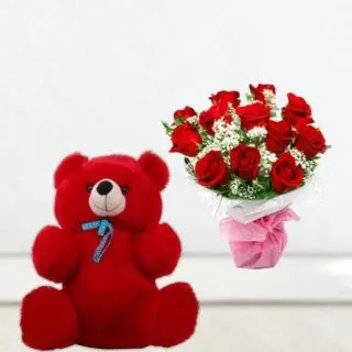 valentine 10 red roses bunch with 1feet height red teddybear