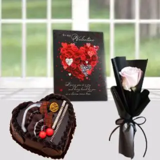 valentine 1 kg chocolate truffle heart shape cake,single white rose with valentine Greeting card 