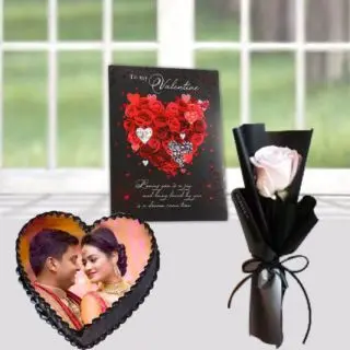 valentine 1 kg heart shape photo cake with single White rose with valentine greeting card 