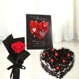 valentine 1 kg premium quality chocolate black forest  cake with single red rose and valentine greeting card 