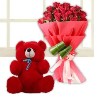 valentine 20 red roses bunch with 1 feet height red teddybear 