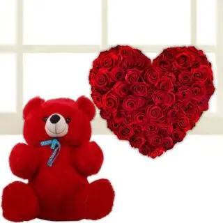 valentine 30 red roses heart shape arrangement with 1 feet height red teddybear 