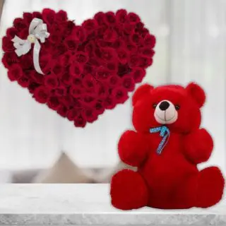 valentine 40 red roses heart shape arrangement with 1 feet height red teddybear 
