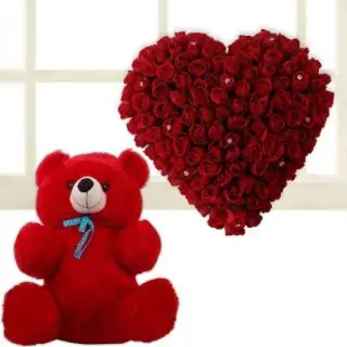 valentine 50 red roses heart shape arrangement with 1 feet height red teddybear 