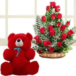 valentine Basket of 15 red roses with 1.5 feet  height red teddybear 