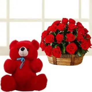 valentine basket of 15 red roses with 2 feet height red teddybear 