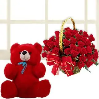 valentine Basket of 20 red roses with 1 feet height red teddybear 