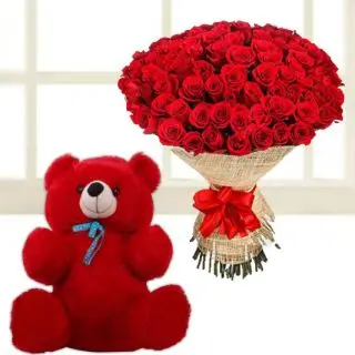 valentine Beautiful 50 red roses bouquet with 3 feet height red teddybear 
