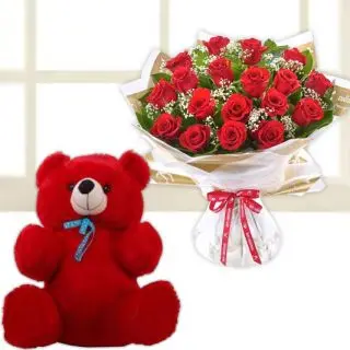 valentine Bunch of 12 red roses with 1 feet height red teddybear 