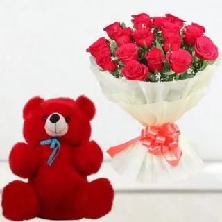 valentine Bunch of 12 red roses with 2 feet height big teddybear 