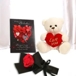 valentine Single Red Rose with 8 inch white teddybear with valentine day card 