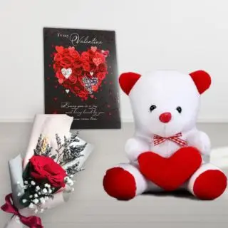 valentine Single Red Rose with valentine day card with 6 inch white teddybear 
