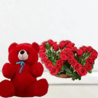 valentine Twin heart shape arrangement of red roses with 1 feet height red teddybear 