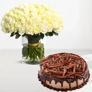Vase arrangement of 100 white roses with chocolate cheesecake 