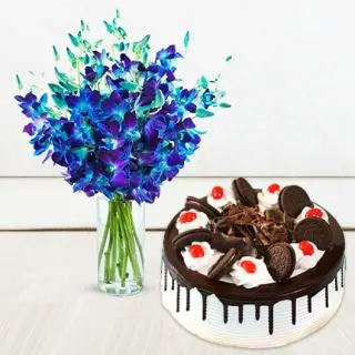 Vase arrangement of 10 blue orchids with black forest oreo cake 