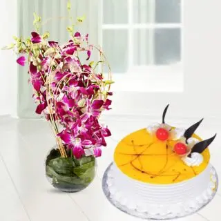 Vase Arrangement of 10 lavender orchids with pineapple cool cake 