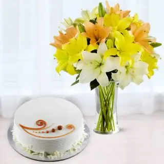 Vase arrangement of 10 mix colour lilies with 1 kg vanilla cool cake 