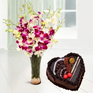 Vase Arrangement of 10 orchids with heart shape chocolate cool cake