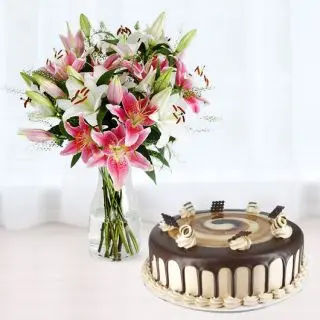 Vase arrangement of 10 pink and white lilies with irish chocolate cake 