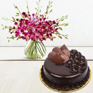 Vase arrangement of 10 purple orchids with premium chocolate cake 