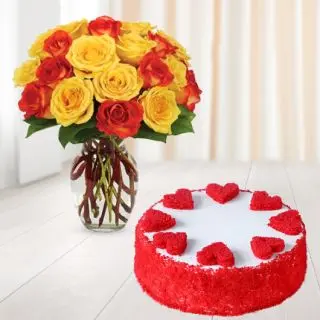 Vase arrangement of 12 red and yellow roses with red velvet cool cake