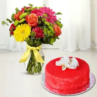 Vase arrangement of 15 mix flowers with red velvet cool cake 
