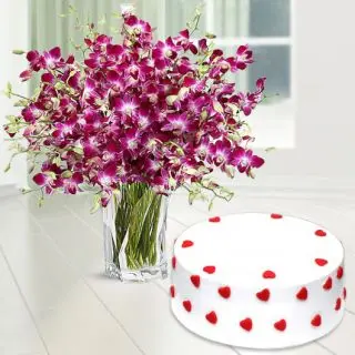Vase Arrangement of 15 purple orchids with vanilla cool cake 