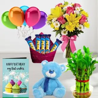 vase arrangement of 20 mix exotic flowers , pack of 5 perk chocolates, 6 inch height teddybear, 2 layer Lucky bamboo plant ,5 blown balloons with birthday greeting card