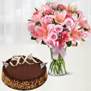 Vase arrangement of 20 mix flowers with chocolate walnut cake 
