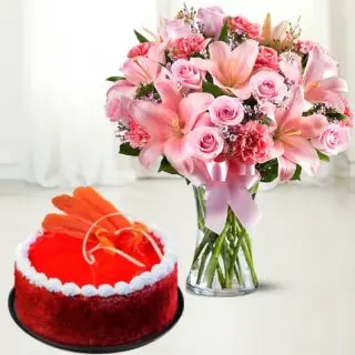Vase arrangement of 20 mix flowers with red velvet cool cake 
