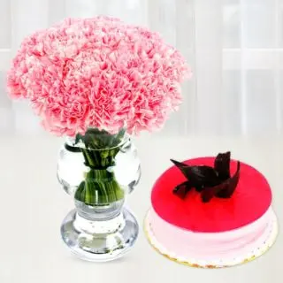 Vase arrangement of 20 pink carnations with strawberry cool cake 
