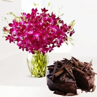 Vase arrangement of 20 purple orchids with chocolate truffle premium quality cool cake 
