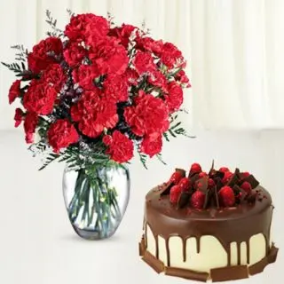 Vase arrangement of 20 red carnations with choco strawberry cake 