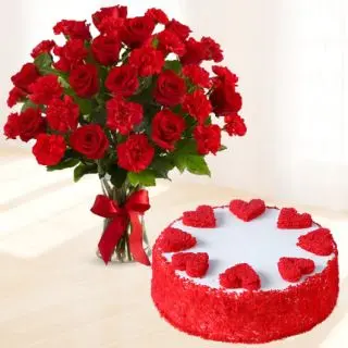 Vase arrangement of 20 red roses and 10 red carnations with red velvet premium quality cool cake 