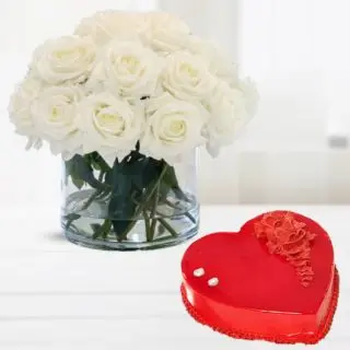 Vase arrangement of 20 white roses with heart shape strawberry cake 